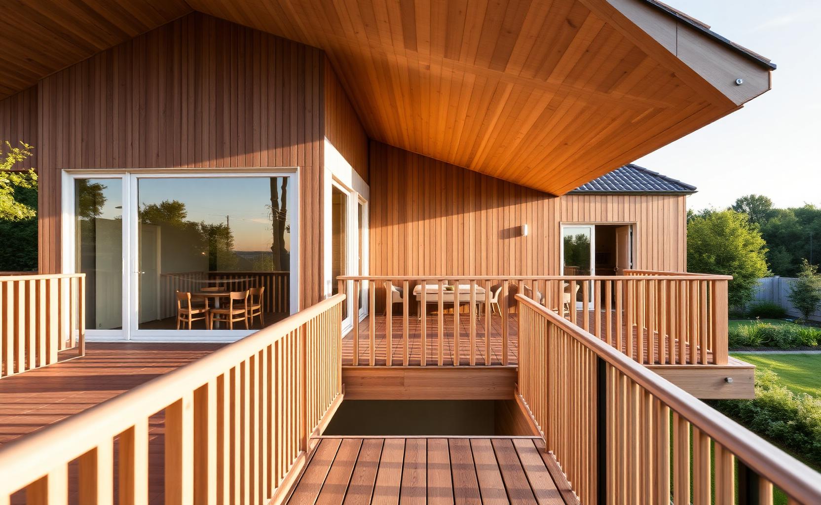 Modern villa med trädäck-altan och luftigt räcke
